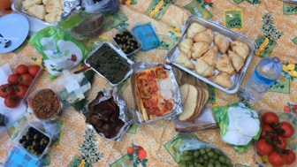 Picknick der Gruppe mit Pizza, Tomate, Mozarella, oliven, Brot und Käse