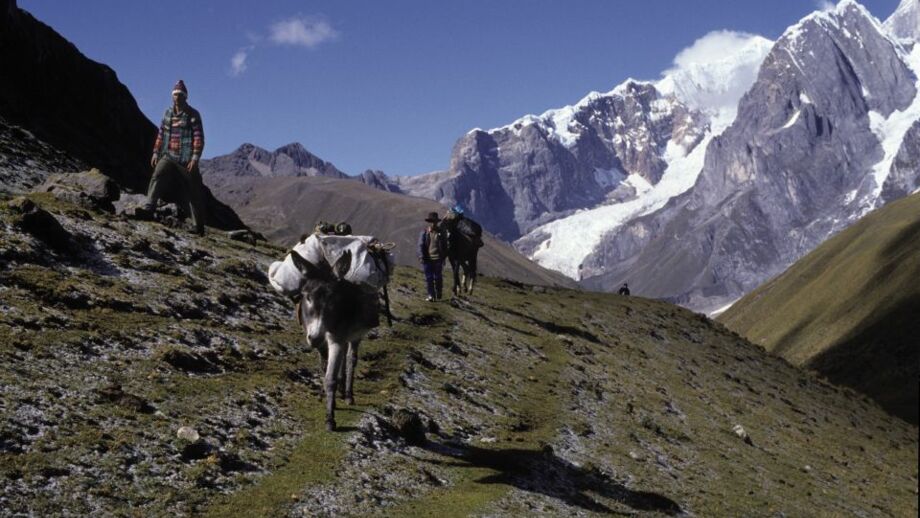 Reiter, Tragtiere und Mulitreiber in der Cordillera Huayhuash