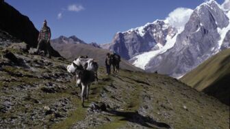 Reiter, Tragtiere und Mulitreiber in der Cordillera Huayhuash