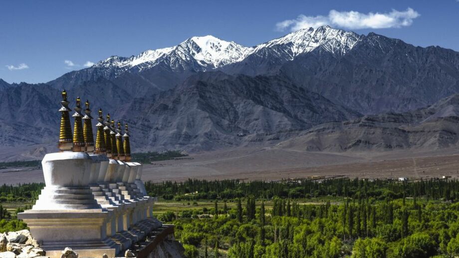 grüne Oase mit Tschörten im Hotetal von Leh mit Blick auf den vergletscherten Sechstausender Stok Kangri
