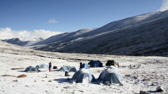 Verschneites Zeltlager auf dem Nimaling-Plateau in Ladakh