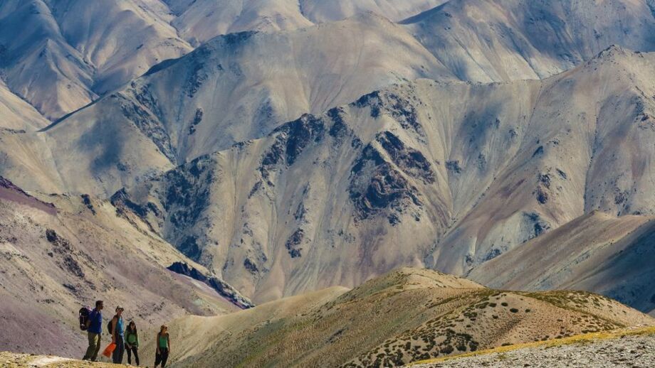 Vier Bergwandernde in der ariden Hochgebirgslandschaft Ladakhs