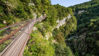 Holzsteg über dem Okatse-Canyon in felsiger, grün bewachsener Landschaft in Georgien