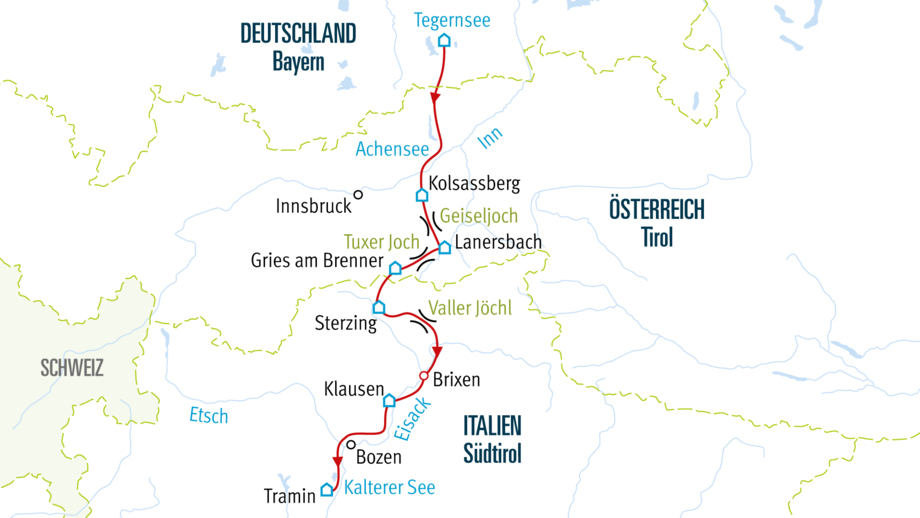 Die Streckenführung der Tour RAMTEG vom Tegernsee zum Kalterer See auf der Karte.