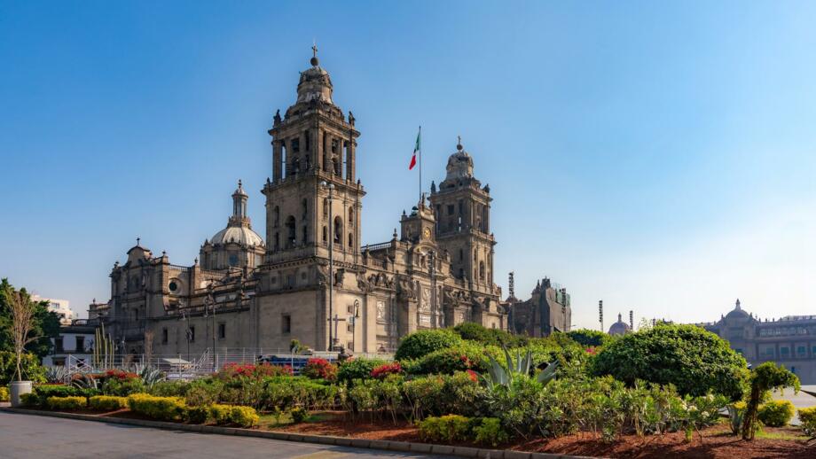 Kathedrale von Mexico City mit grünen Pflanzen im Vordergrund