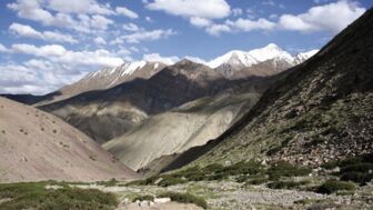 Arides Hochtal in Ladakh vor schneebebeckten Bergen
