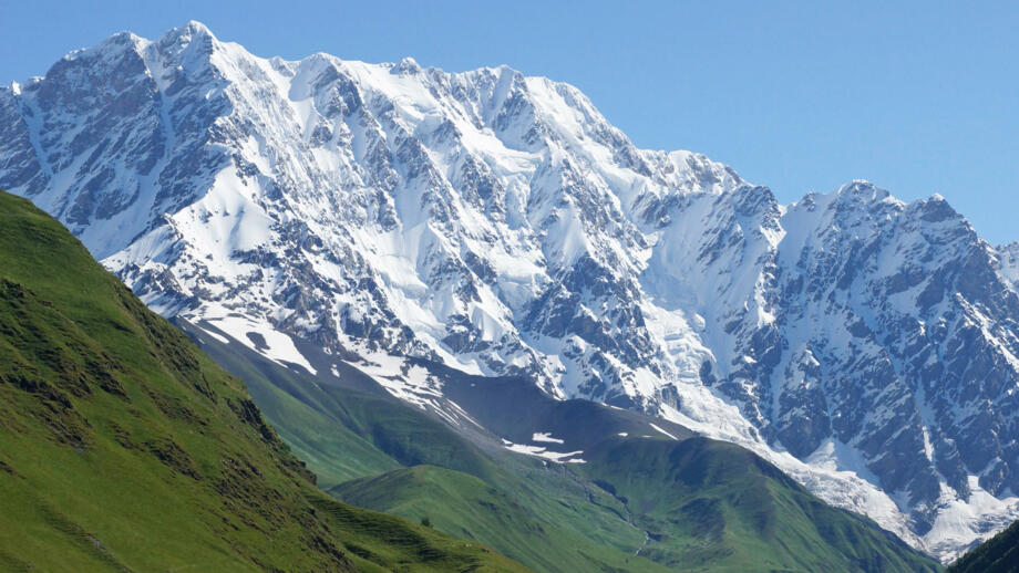 Vergletscher Fünftausender Schchara vor grünem Almgelände in Georgien