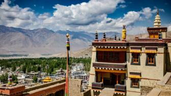 AlterKönigspalast in Leh mit Blick auf die grüne Oase und auf Berge im Hintergrund