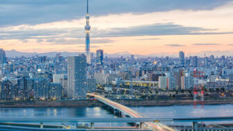Skyline von Tokyo mit Wolkenkratzern, Fluss und Brücke