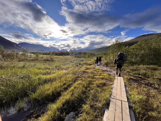 Blick von hinten auf Wanderer in Schweden