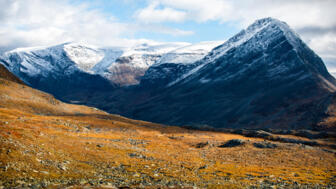 Orangenfarbene Landschaft mit Gebirge im Hintergrund in Schwedisch Lappland