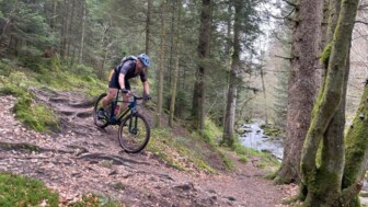 Ein Mountainbiker im Wald bei der Abfahrt während des Fahrtechniktrainings.