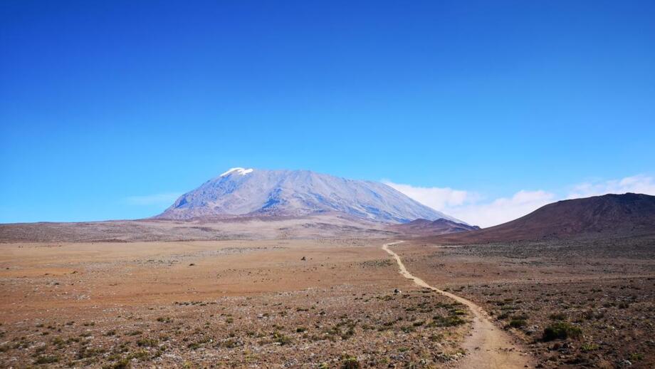 Der Kilimandscharo im Hintergrund. Im Vordergrund ist die Sandpiste der Mountainbikebesteigung Kilimandscharo zu sehen.
