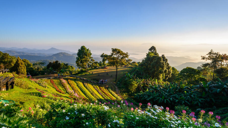Ausblick über Felder und Berge im Hintergrund im Huay Nam Dang Nationalpark