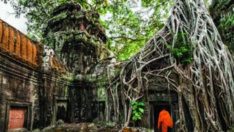 Ein Mönch in orangenem Gewand in Angkor Wat