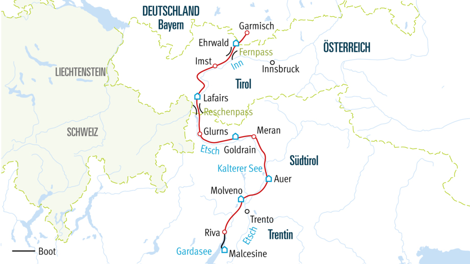 Karte der Strecke von Garmisch an den Gardasee