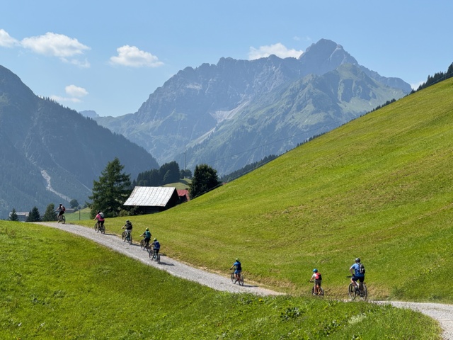 Eine Gruppe an E-Mountainbiker