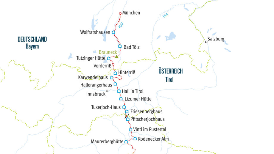 Karte Alpenüberquerung von München nach Venedig erste Hälfte