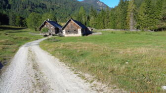 Eine Berghütte. An der Berghütte geht eine Forststraße vorbei. Im Hintergrund sind bewaldete Berge zu sehen.