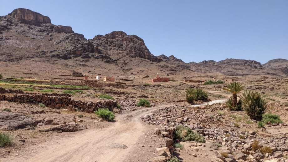 Eine Sandpiste durch die Wüste Marokkos. Am Wegesrand stehen Palmen. In der Ferne ist ein Berberdorfer. Der Himmel ist blau und die Sonne scheint.