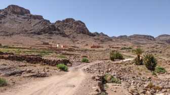 Eine Sandpiste durch die Wüste Marokkos. Am Wegesrand stehen Palmen. In der Ferne ist ein Berberdorfer. Der Himmel ist blau und die Sonne scheint.