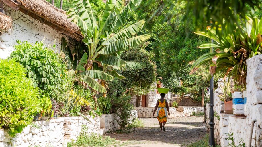 Eine Frau läuft auf einem Weg entlang, der üppig begrünt ist