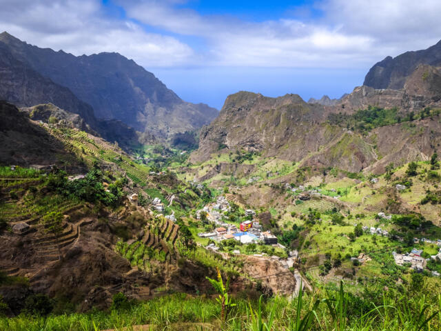Blick auf das grüne Paul Tal auf der Insel Santo Antao auf den Kapverdischen Inseln