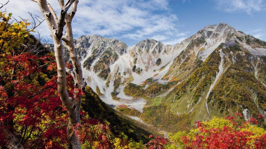 Japanische Alpen in herbstlichen Farben mi Bergen, Büschen und Bäumen