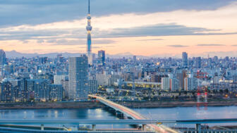 Skyline von Tokyo mit Wolkenkratzern, Fluss und Brücke