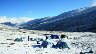 Verschneites Zeltlager auf dem Nimaling-Plateau in Ladakh