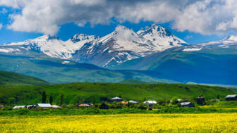 Gelbe Rapsfelder und Siedlungen vor dem vergletscherten Viertausender Aragats
