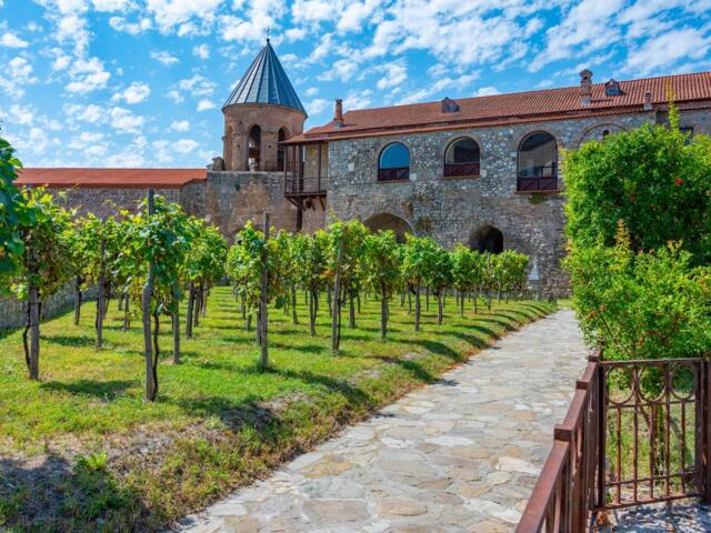 Kloster Alaverdi in Georgien mit Turm, rotem Dach, Einfahrt und grünen Weinreben