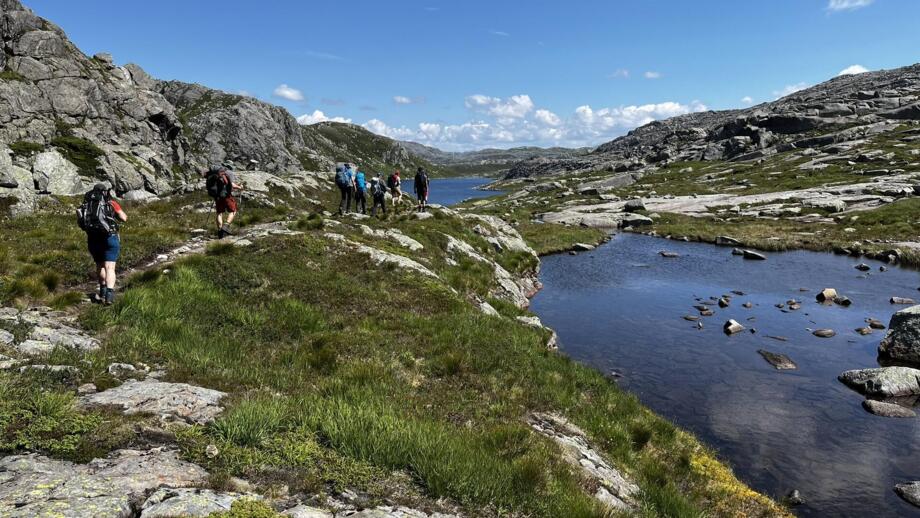 Eine Gruppe Wanderer, die durch das norwegische Fjell wandert