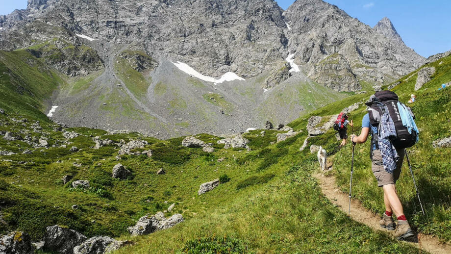 Zwei Wabdernde mit Hund in grünem Almgelände vor felsiger Gebirgskulisse in Georgien